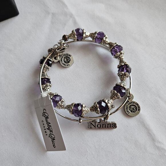 NWT Chico Charm Nonna Bracelet Set of 2 Crystal Purple handmade Pewter - Picture 7 of 7